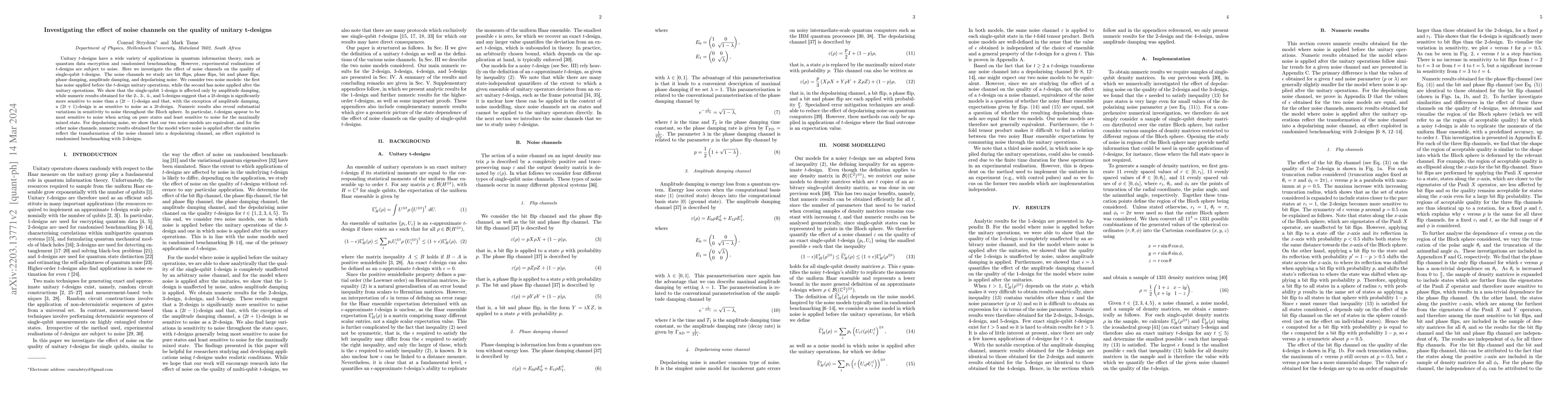 Thumbnail for Investigating the effect of noise channels on the quality of unitary
  t-designs