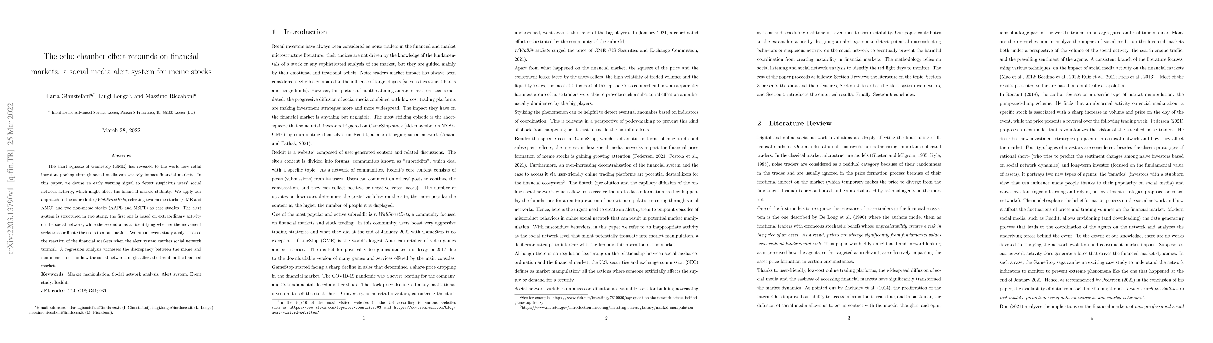 Thumbnail for The echo chamber effect resounds on financial markets: a social media
  alert system for meme stocks