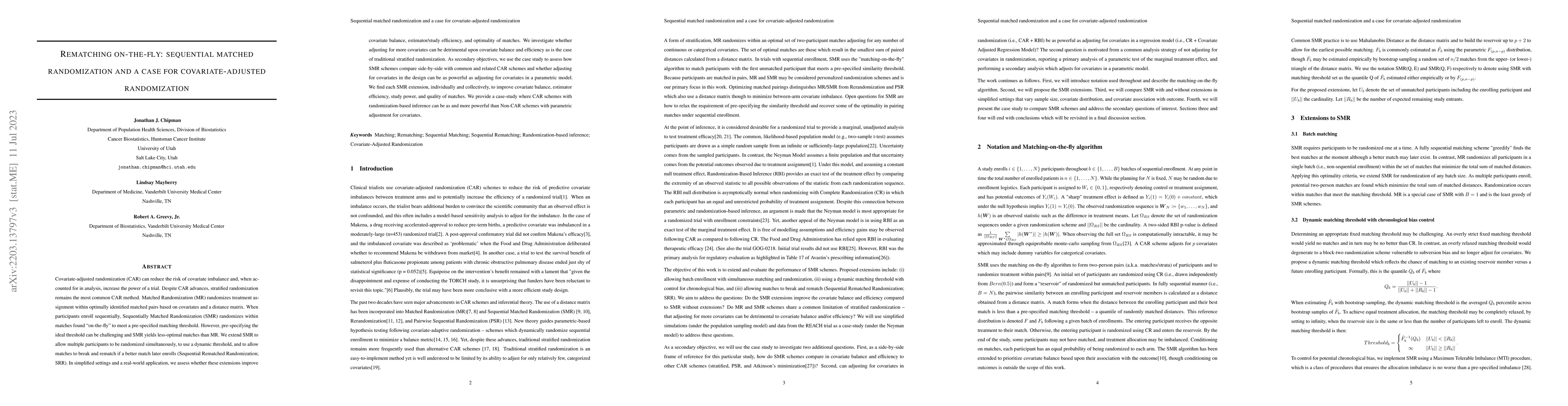 Thumbnail for Rematching on-the-fly: sequential matched randomization and a case for
  covariate-adjusted randomization