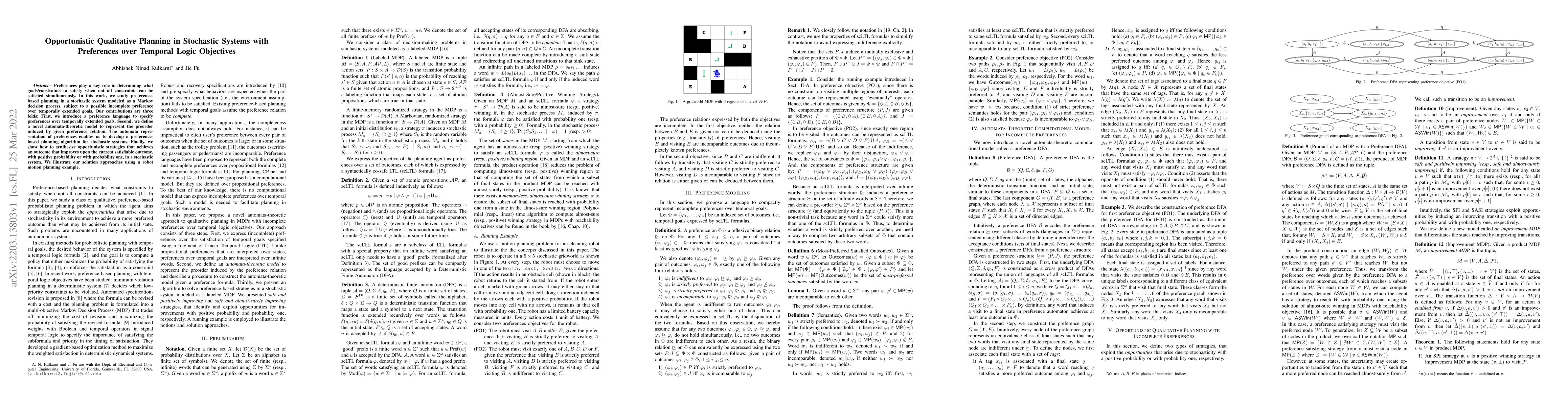 Thumbnail for Opportunistic Qualitative Planning in Stochastic Systems with
  Preferences over Temporal Logic Objectives