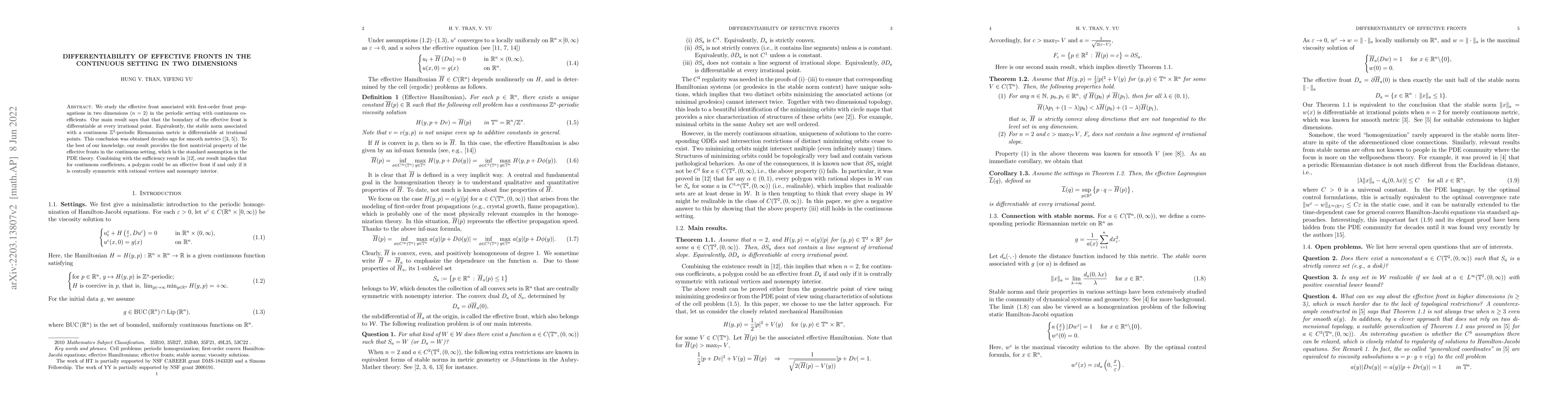 Thumbnail for Differentiability of effective fronts in the continuous setting in two
  dimensions