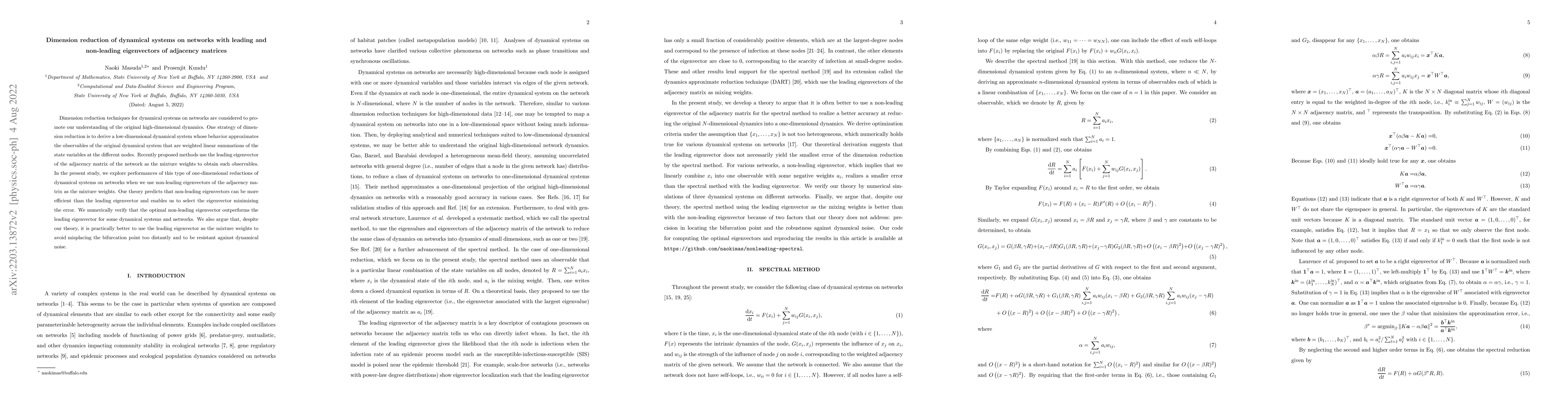Thumbnail for Dimension reduction of dynamical systems on networks with leading and
  non-leading eigenvectors of adjacency matrices