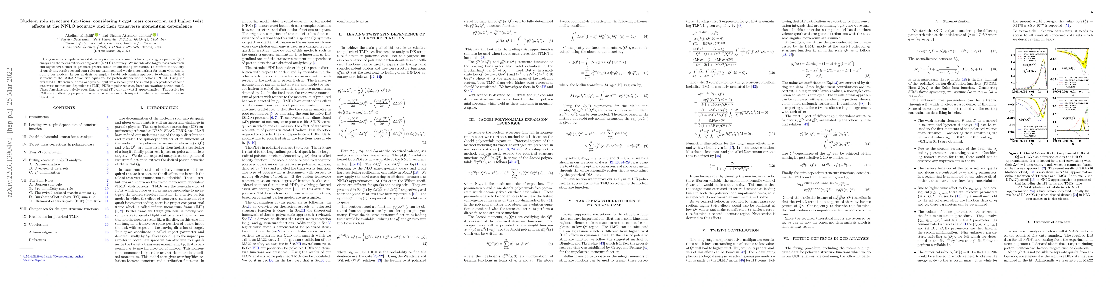 Thumbnail for Nucleon spin structure functions, considering target mass correction and
  higher twist effects at the NNLO accuracy and their transverse momentum
  dependence