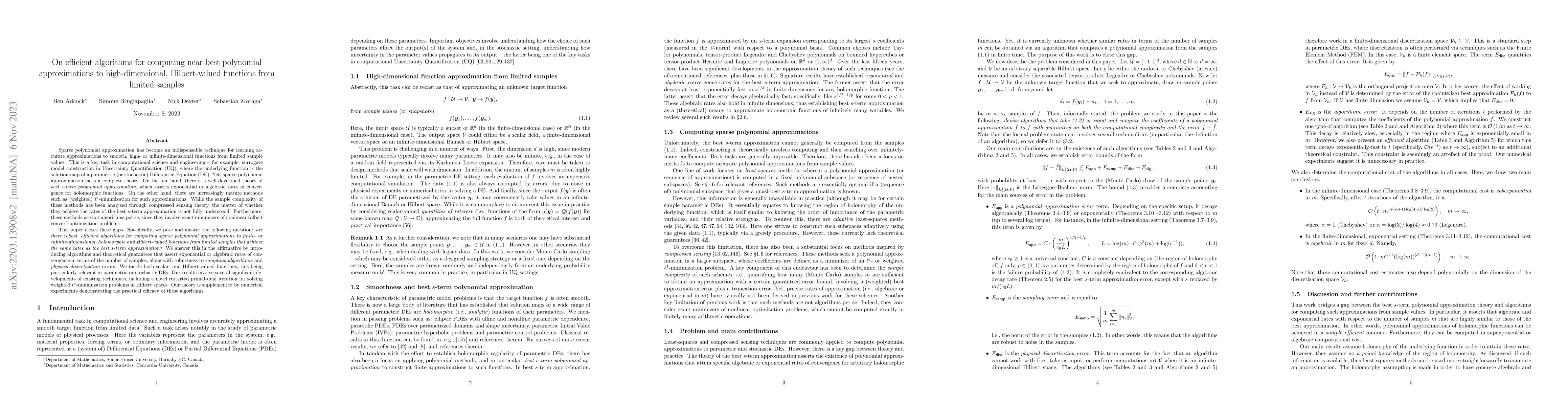Thumbnail for On efficient algorithms for computing near-best polynomial
  approximations to high-dimensional, Hilbert-valued functions from limited
  samples