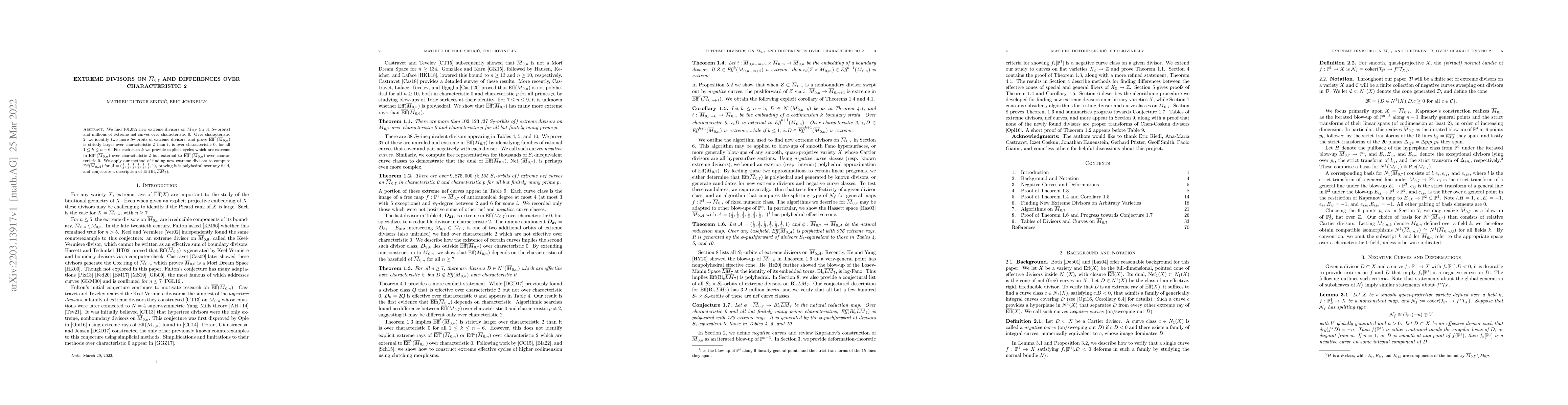 Thumbnail for Extreme Divisors on $\bar{M}_{0,7}$ and Differences over Characteristic
  2
