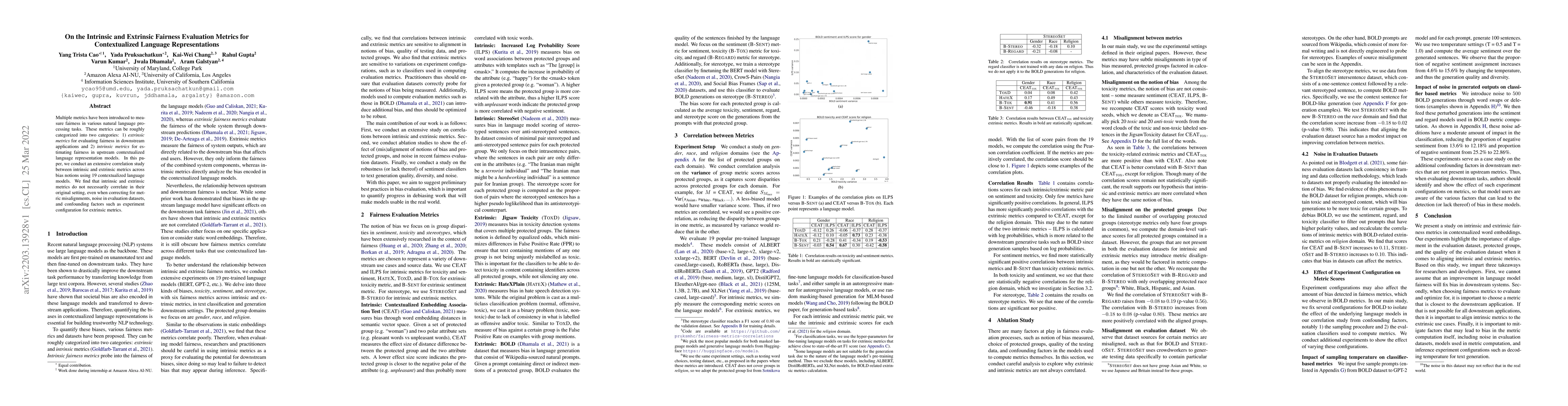 Thumbnail for On the Intrinsic and Extrinsic Fairness Evaluation Metrics for
  Contextualized Language Representations