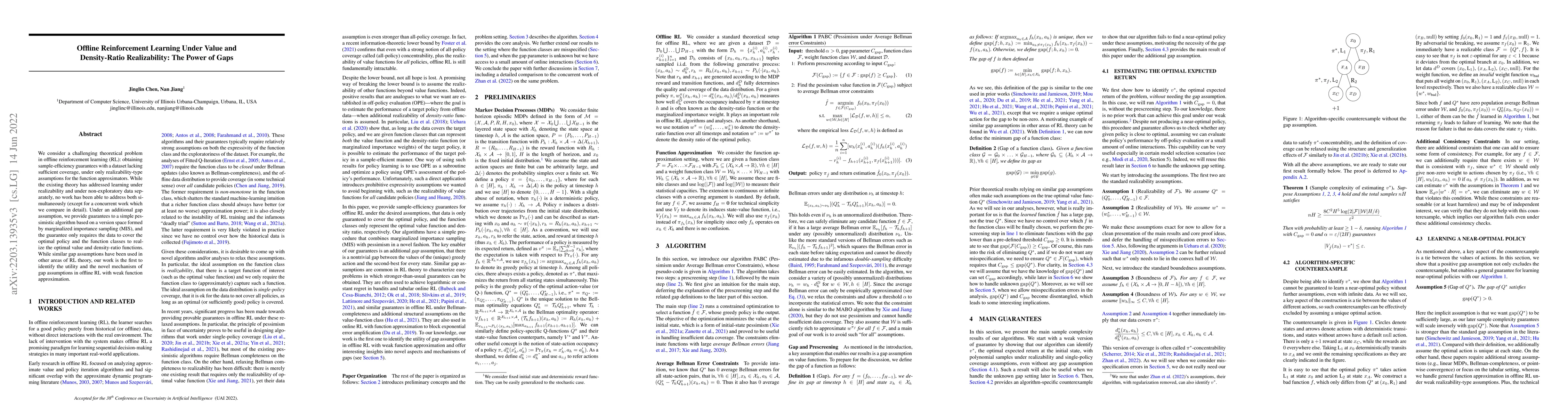 Thumbnail for Offline Reinforcement Learning Under Value and Density-Ratio
  Realizability: The Power of Gaps