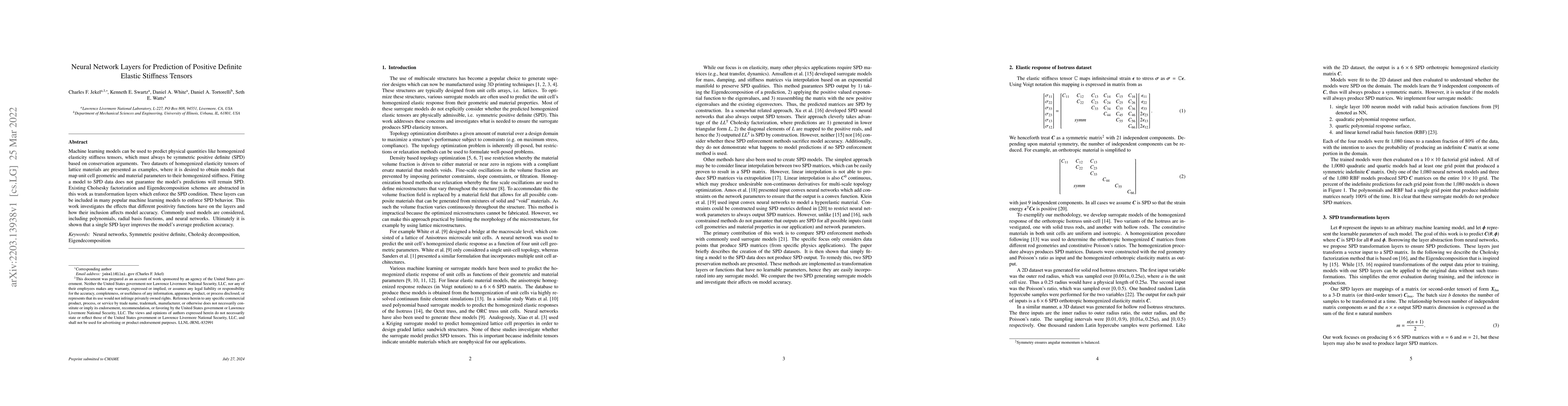 Thumbnail for Neural Network Layers for Prediction of Positive Definite Elastic
  Stiffness Tensors