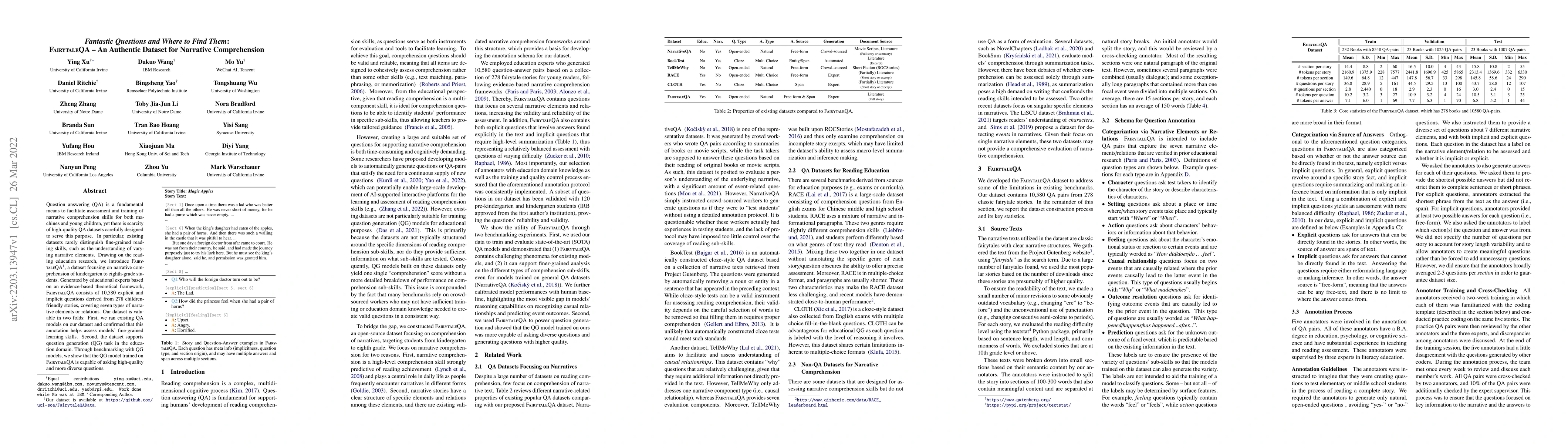Thumbnail for Fantastic Questions and Where to Find Them: FairytaleQA -- An Authentic
  Dataset for Narrative Comprehension