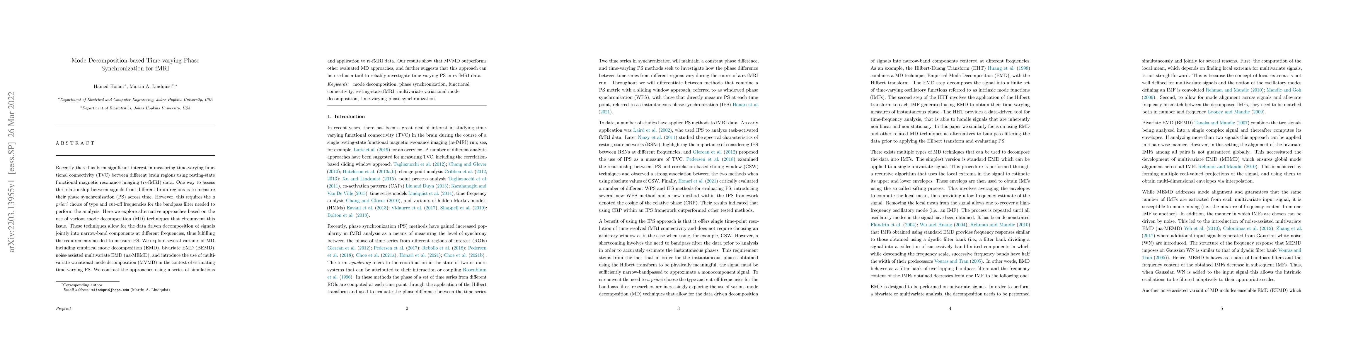 Thumbnail for Mode decomposition-based time-varying phase synchronization for fMRI
  Data