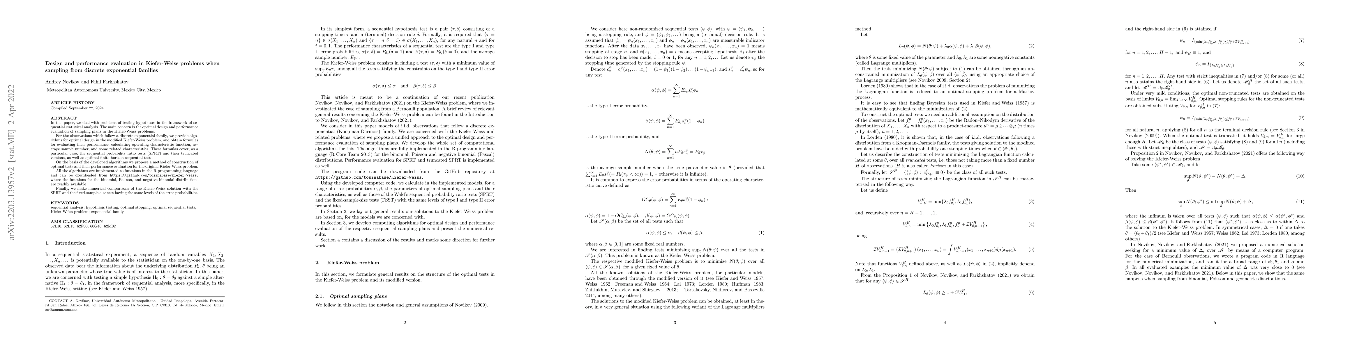 Thumbnail for Design and performance evaluation in Kiefer-Weiss problems when sampling
  from discrete exponential families