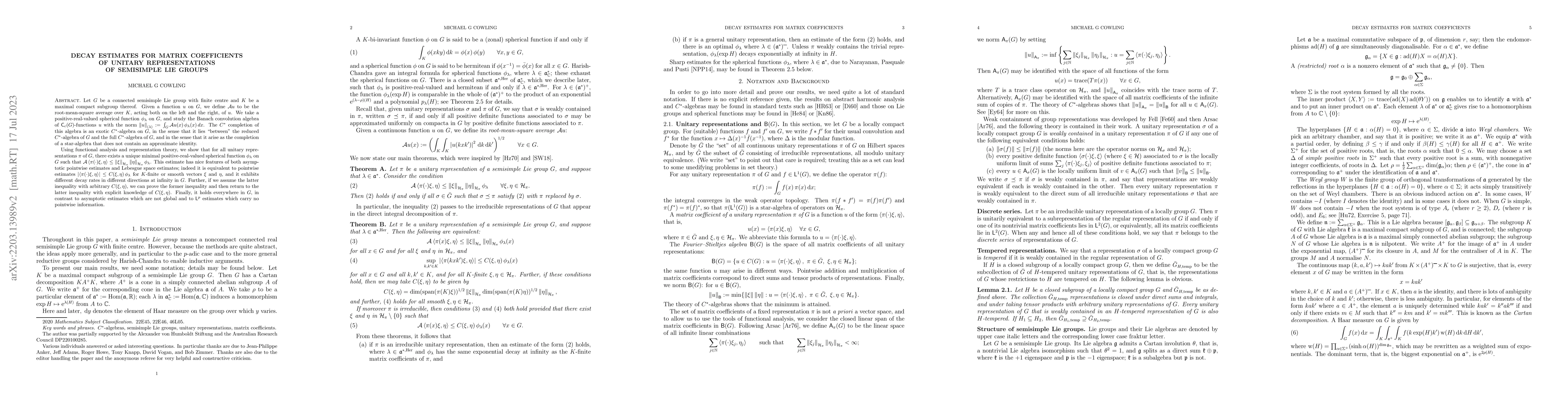 Thumbnail for Decay estimates for matrix coefficients of unitary representations of
  semisimple Lie groups