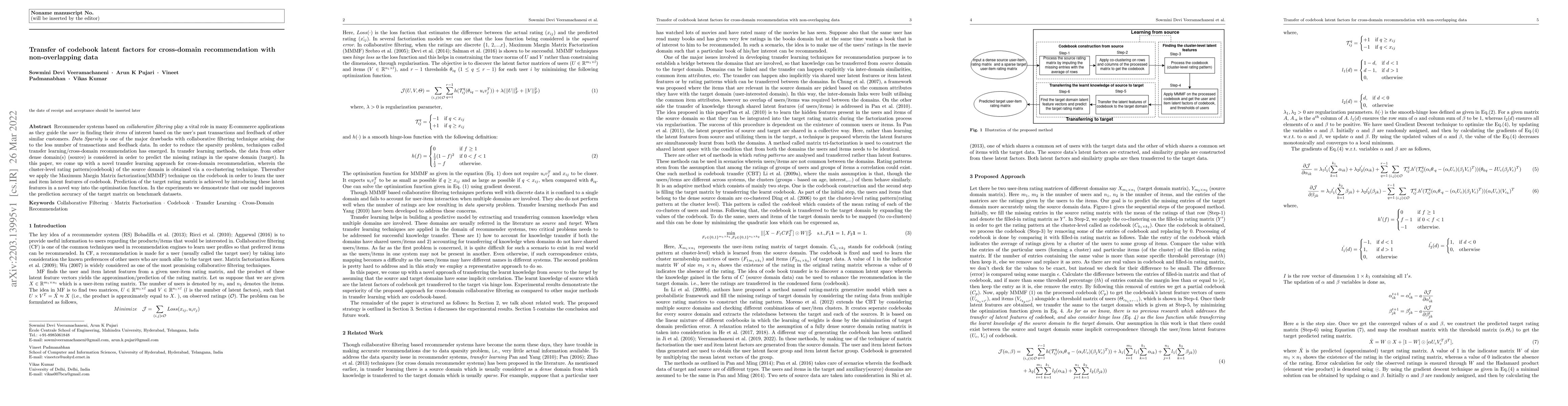 Thumbnail for Transfer of codebook latent factors for cross-domain recommendation with
  non-overlapping data
