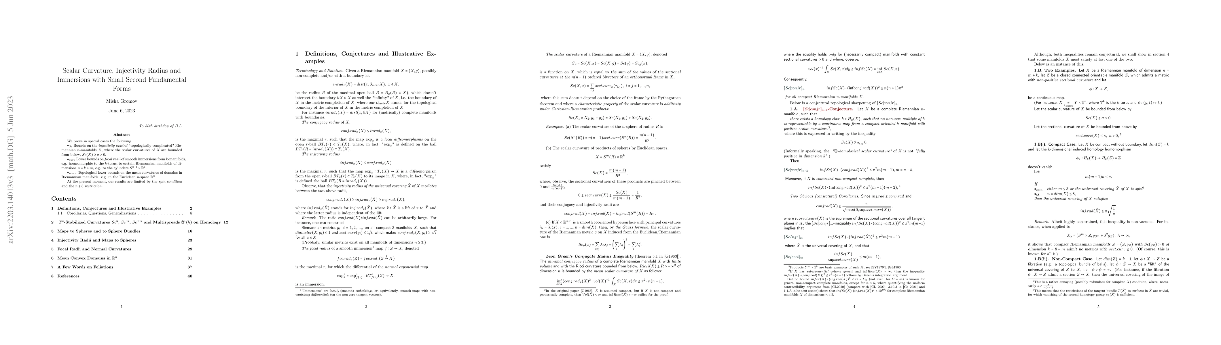 Thumbnail for Scalar Curvature, Injectivity Radius and Immersions with Small Second
  Fundamental Forms
