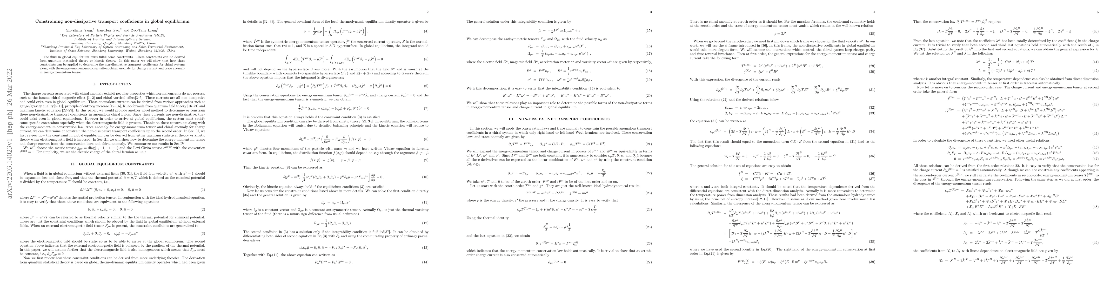 Thumbnail for Constraining non-dissipative transport coefficients in global
  equilibrium