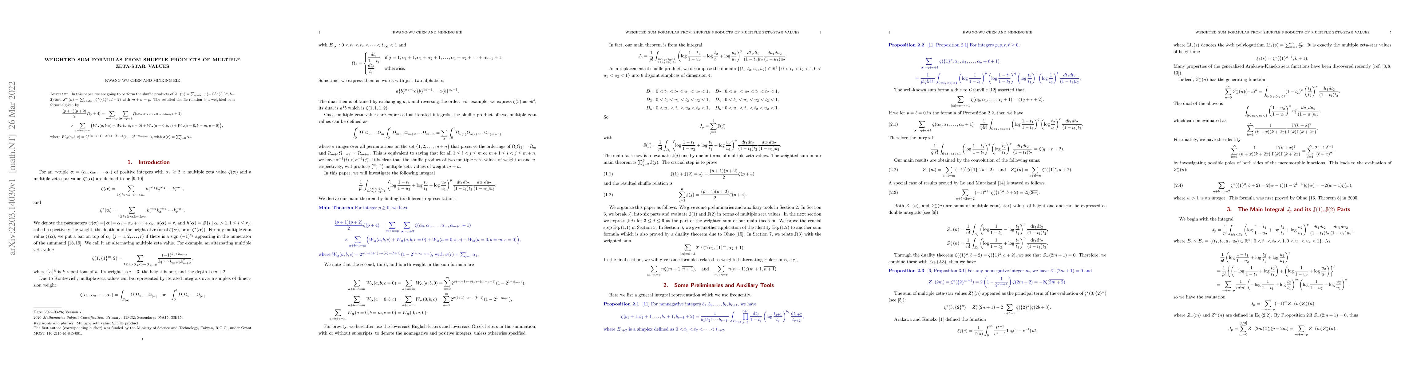 Thumbnail for Weighted Sum Formulas from Shuffle Products of Multiple Zeta-star Values