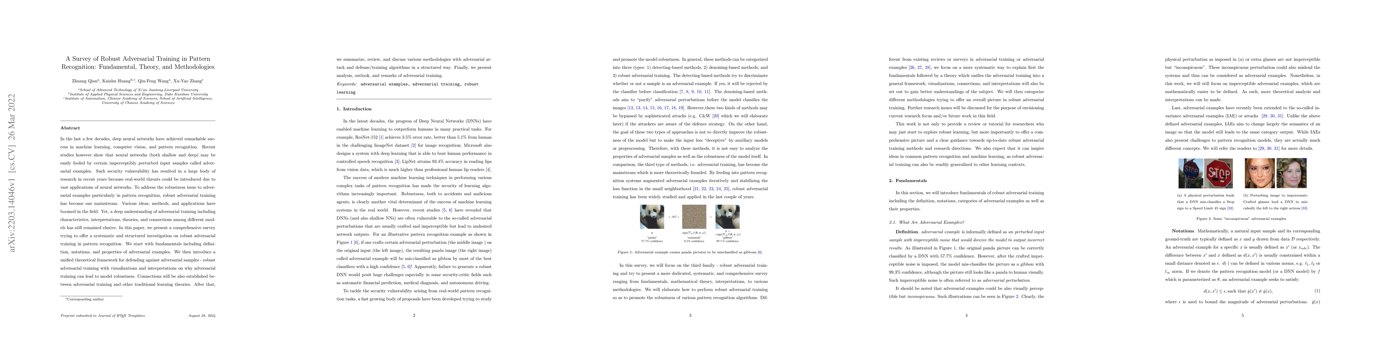 Thumbnail for A Survey of Robust Adversarial Training in Pattern Recognition:
  Fundamental, Theory, and Methodologies