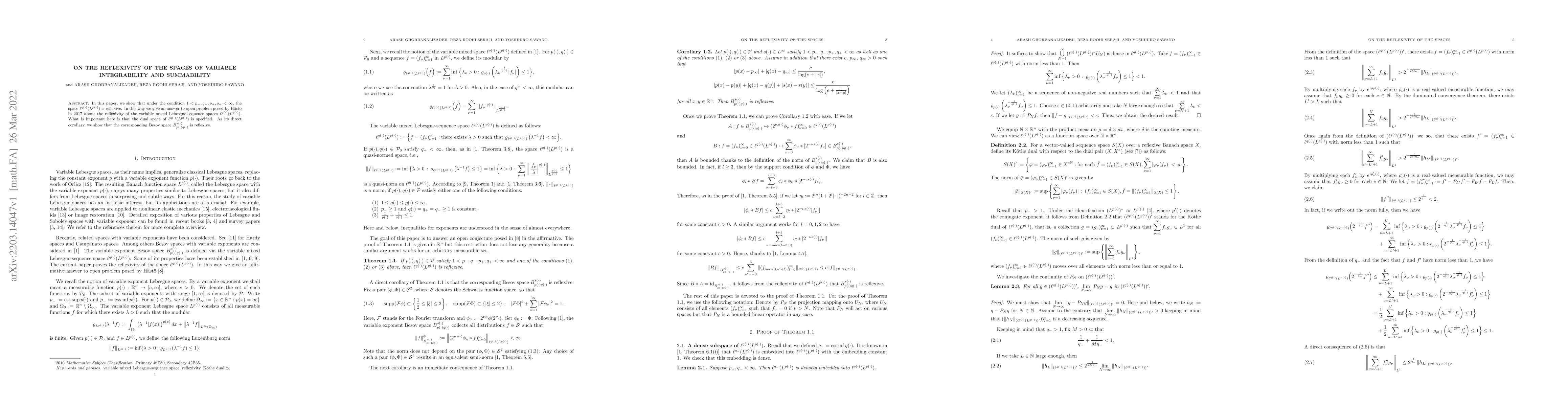 Thumbnail for On the reflexivity of the spaces of variable integrability and
  summability