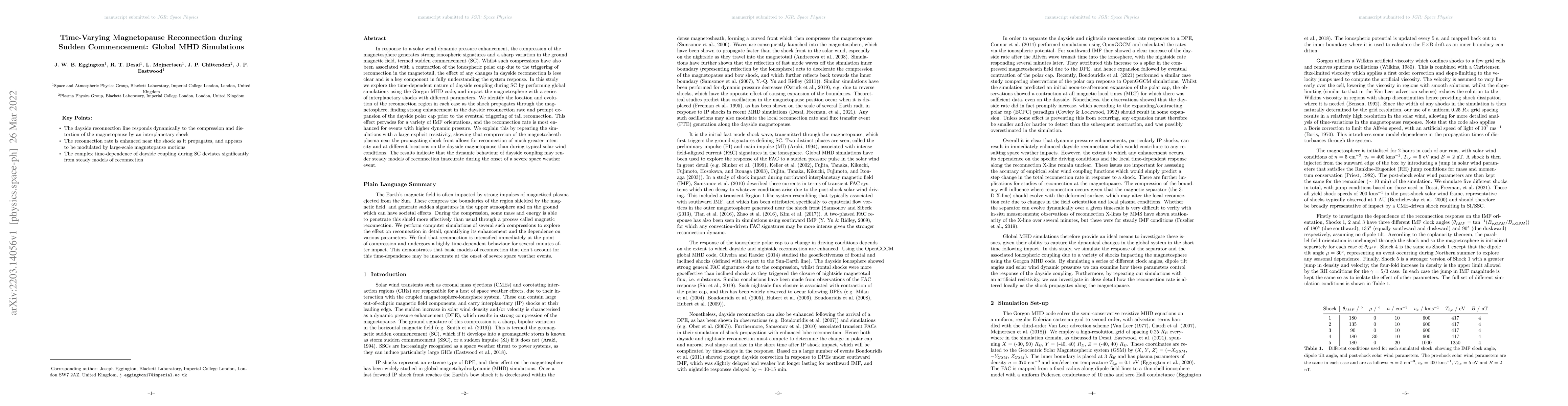 Thumbnail for Time-Varying Magnetopause Reconnection during Sudden Commencement:
  Global MHD Simulations