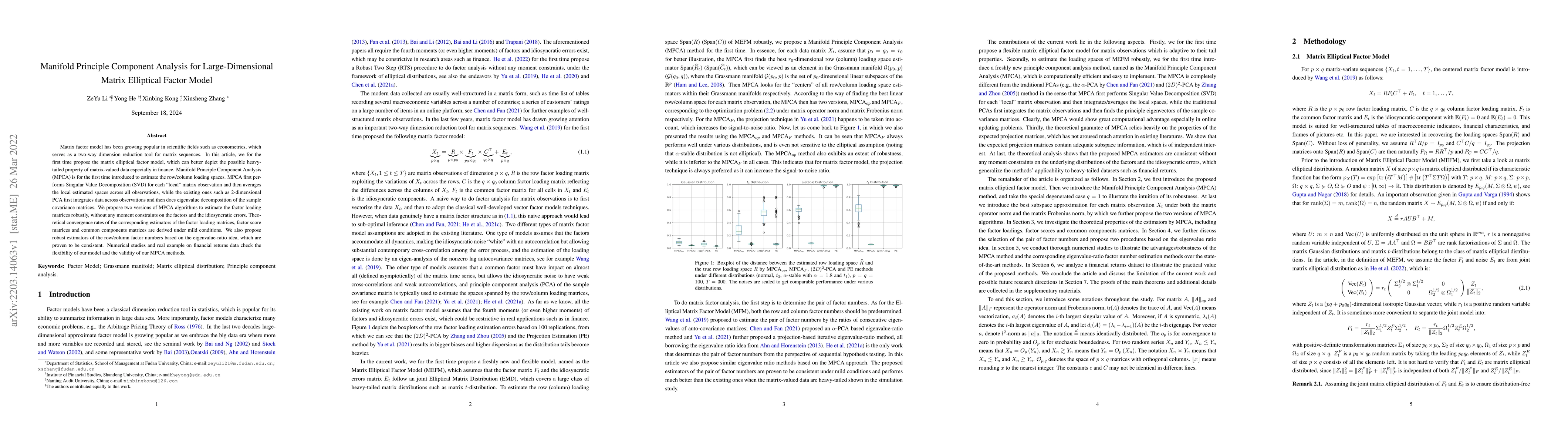 Thumbnail for Manifold Principle Component Analysis for Large-Dimensional Matrix
  Elliptical Factor Model
