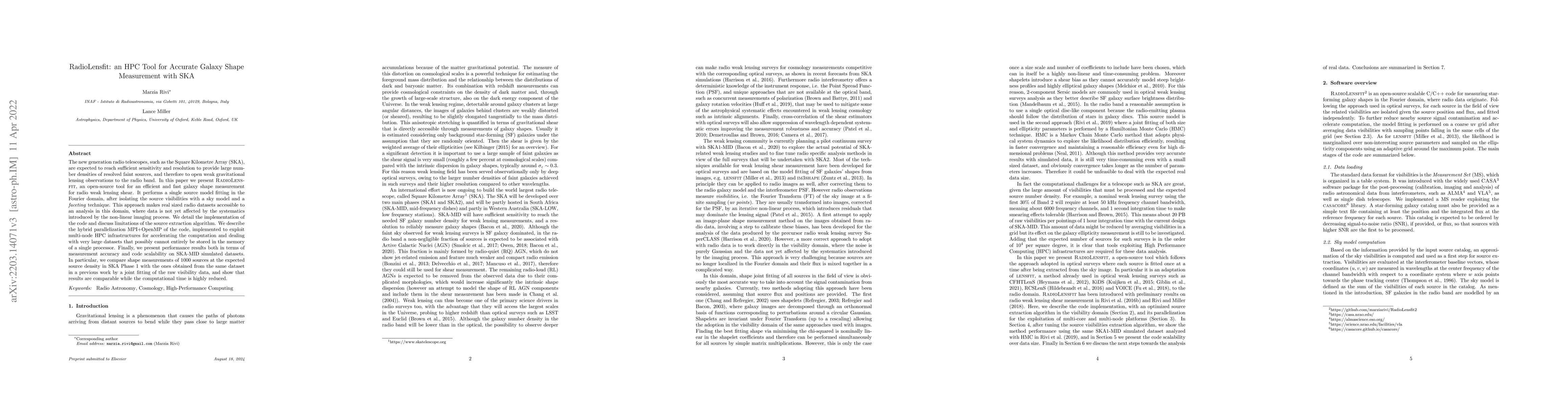 Thumbnail for RadioLensfit: an HPC Tool for Accurate Galaxy Shape Measurement with SKA