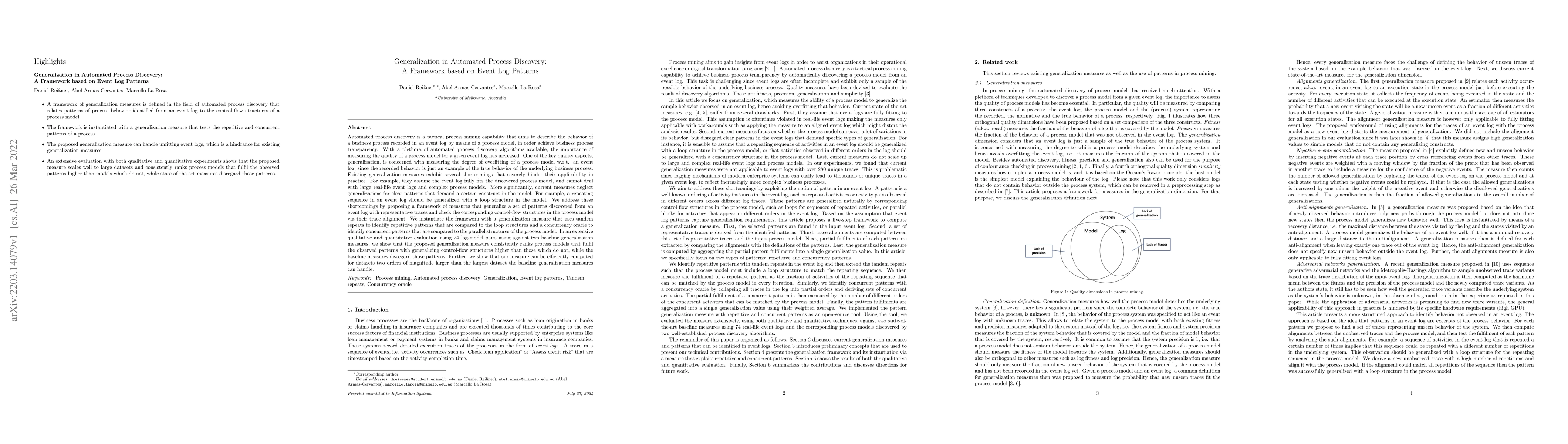 Thumbnail for Generalization in Automated Process Discovery: A Framework based on
  Event Log Patterns