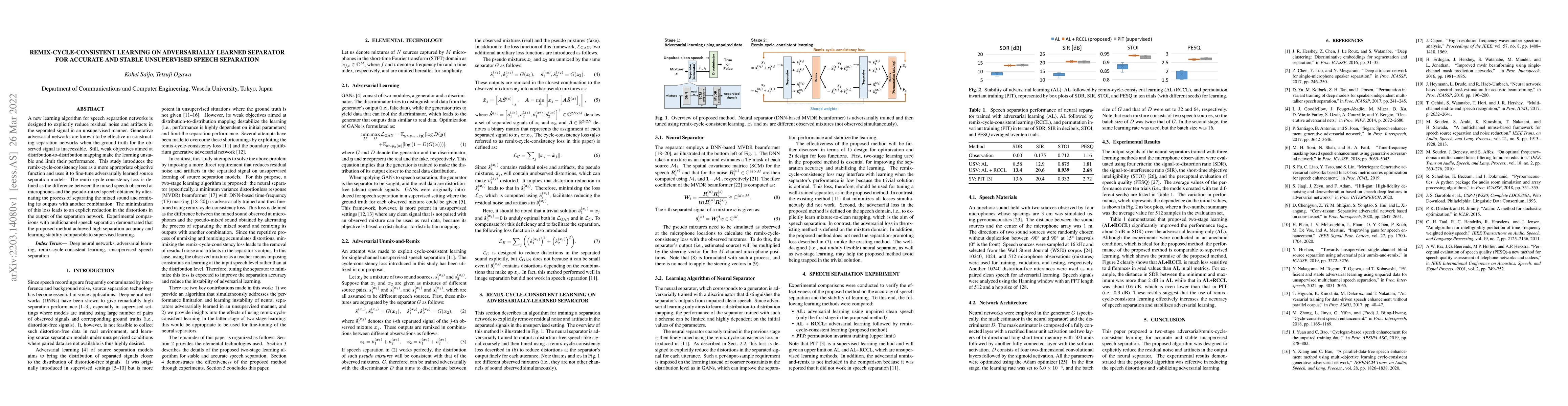 Thumbnail for Remix-cycle-consistent Learning on Adversarially Learned Separator for
  Accurate and Stable Unsupervised Speech Separation