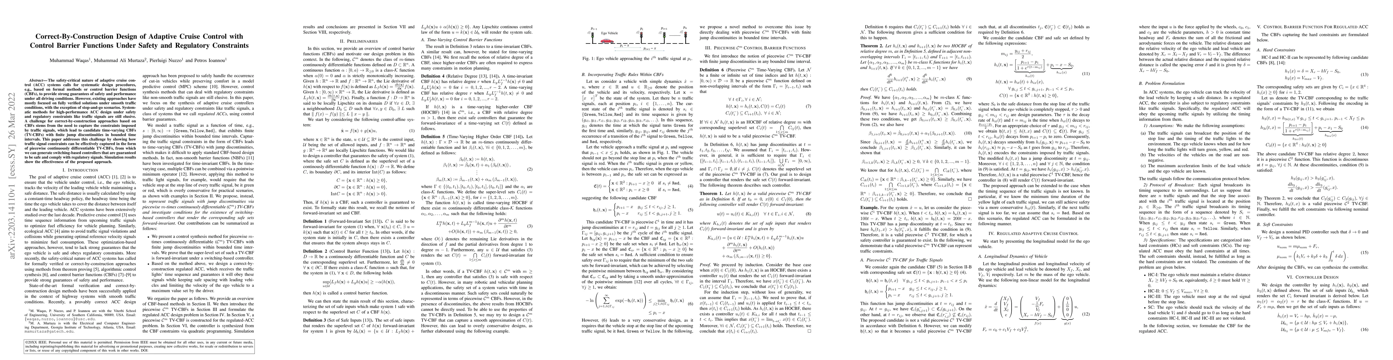 Thumbnail for Correct-By-Construction Design of Adaptive Cruise Control with Control
  Barrier Functions Under Safety and Regulatory Constraints