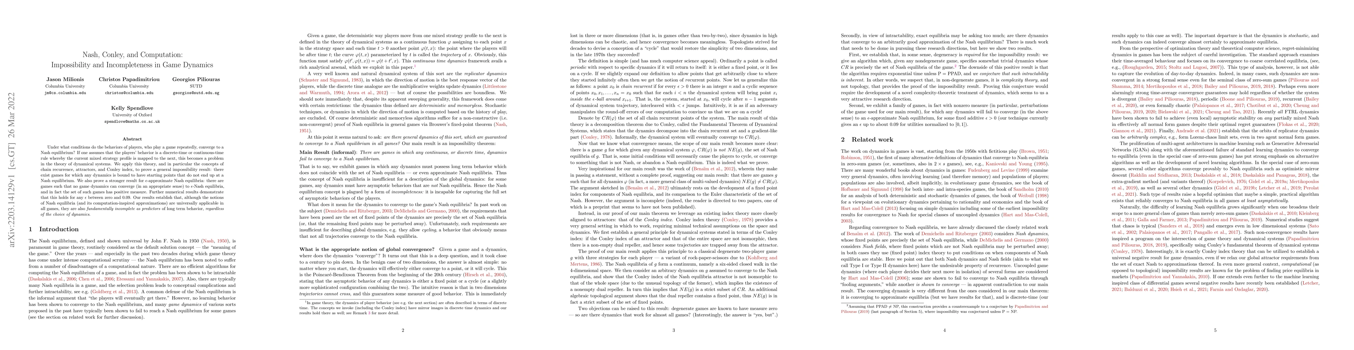 Thumbnail for Nash, Conley, and Computation: Impossibility and Incompleteness in Game
  Dynamics