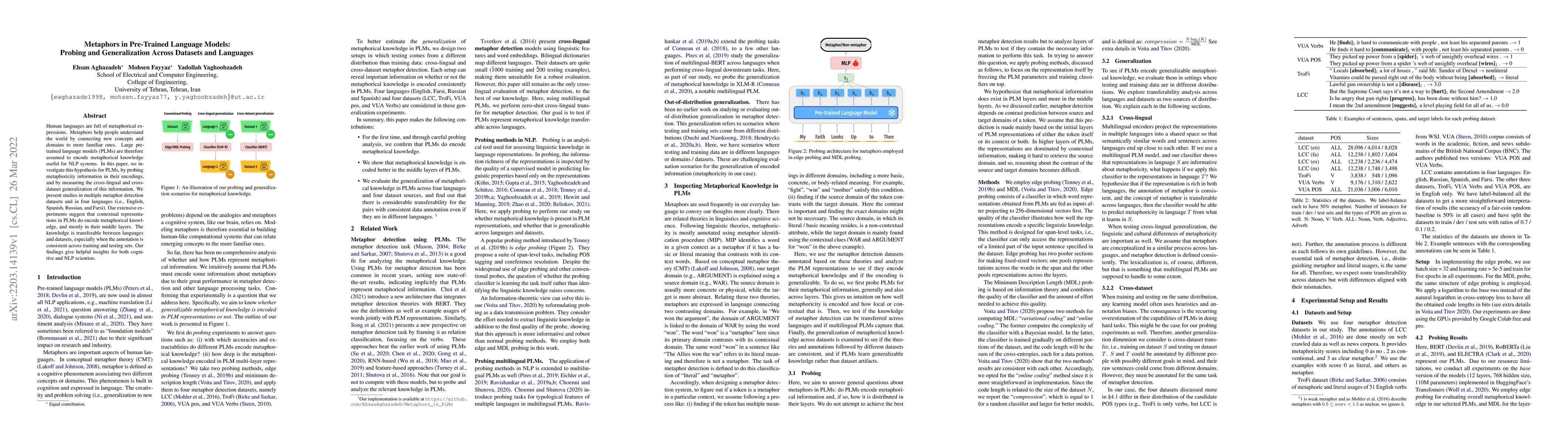 Thumbnail for Metaphors in Pre-Trained Language Models: Probing and Generalization
  Across Datasets and Languages