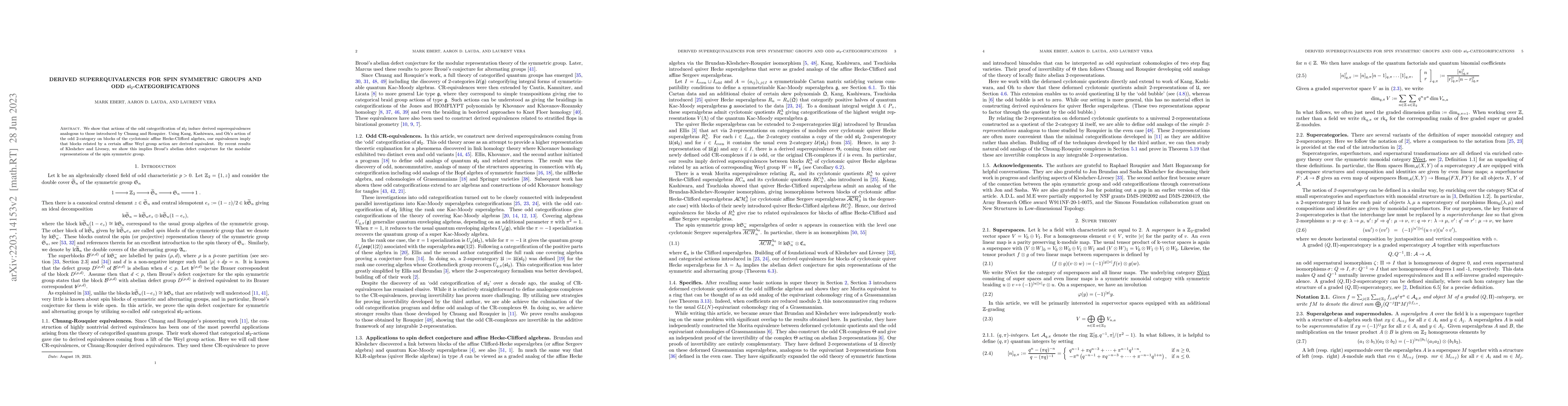Thumbnail for Derived superequivalences for spin symmetric groups and odd
  sl(2)-categorifications
