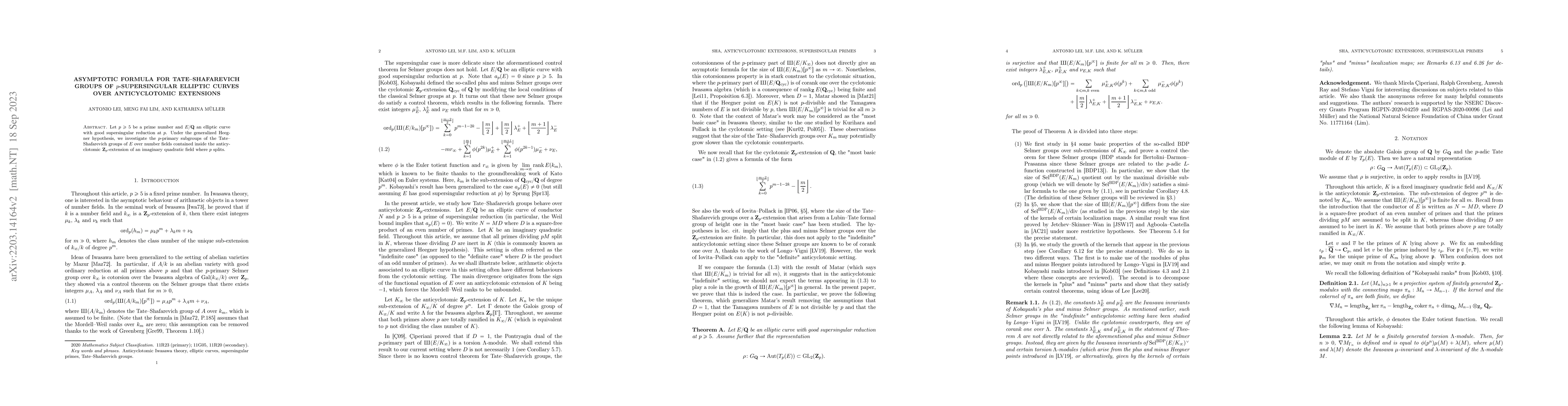 Thumbnail for Asymptotic formula for Tate-Shafarevich groups of $p$-supersingular
  elliptic curves over anticyclotomic extensions