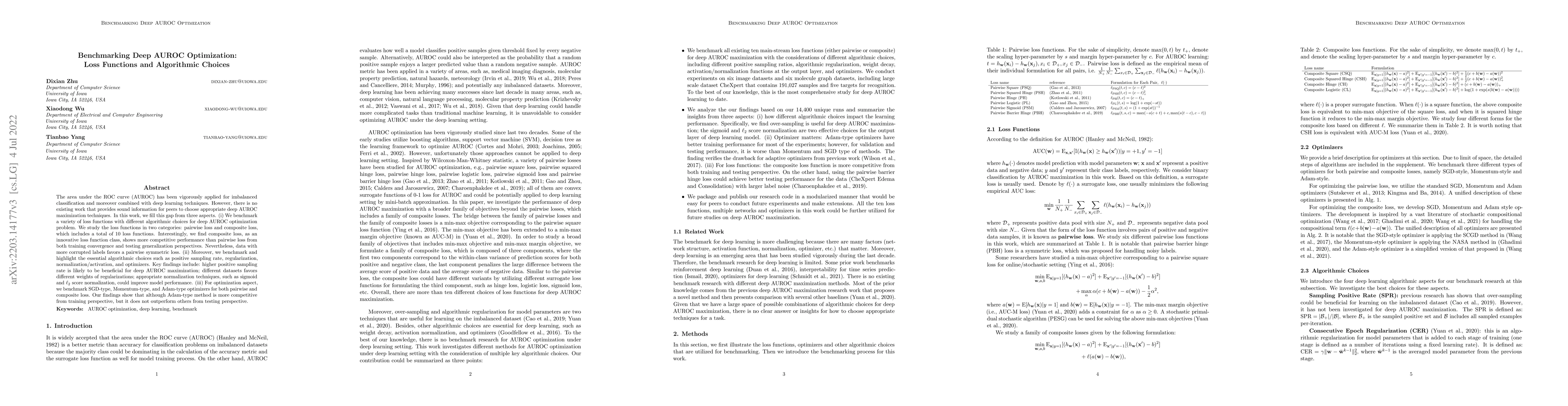 Thumbnail for Benchmarking Deep AUROC Optimization: Loss Functions and Algorithmic
  Choices