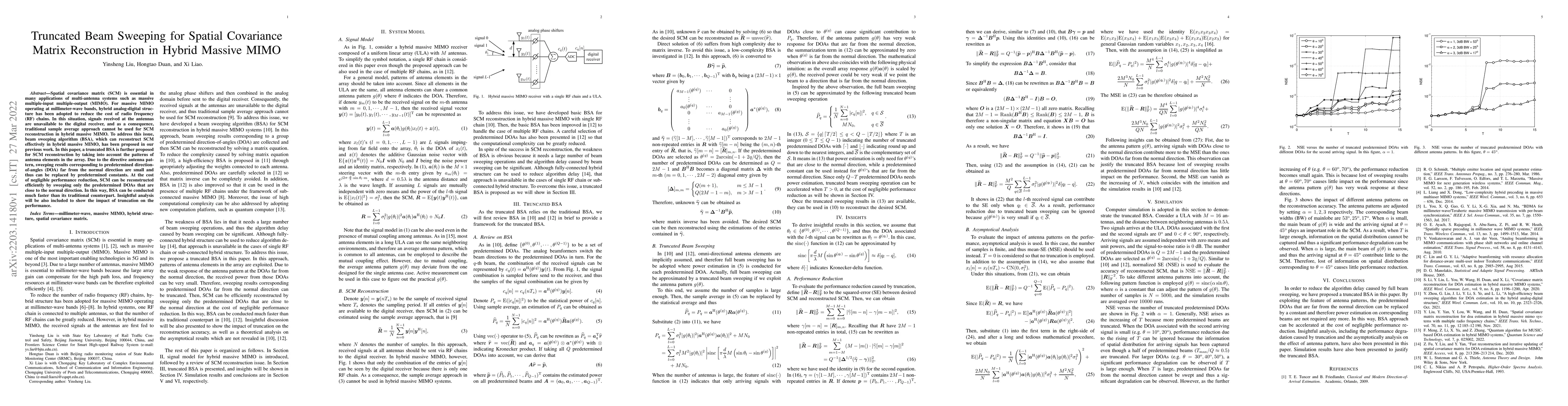 Thumbnail for Truncated Beam Sweeping for Spatial Covariance Matrix Reconstruction in
  Hybrid Massive MIMO
