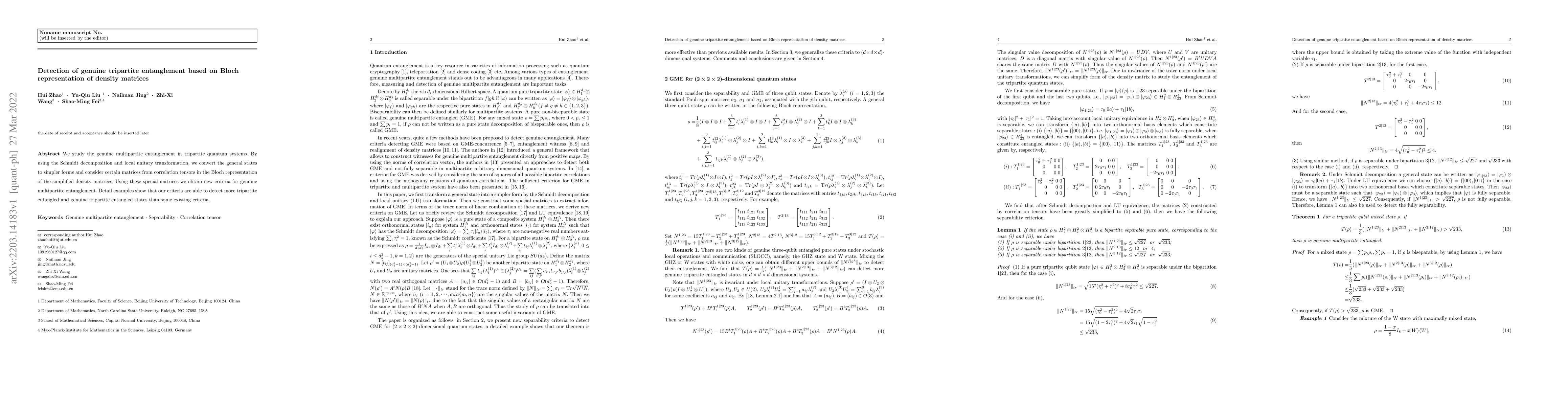 Thumbnail for Detection of genuine tripartite entanglement based on Bloch
  representation of densitymatrices