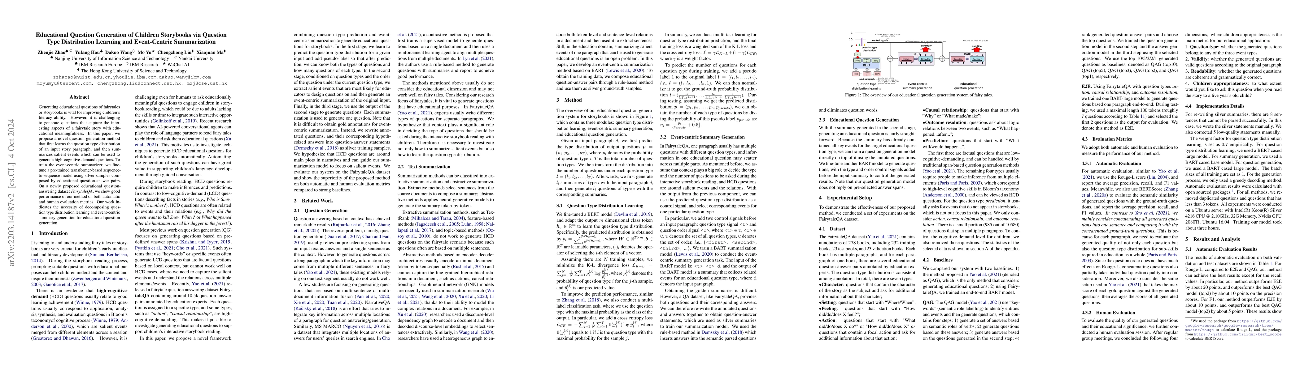 Thumbnail for Educational Question Generation of Children Storybooks via Question Type
  Distribution Learning and Event-Centric Summarization