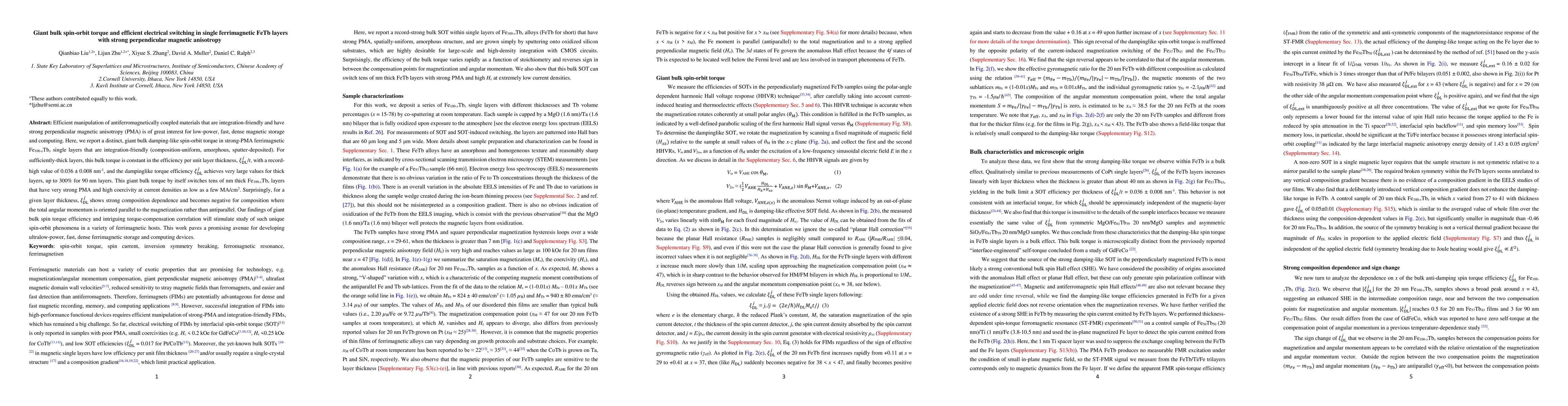 Thumbnail for Giant bulk spin-orbit torque and efficient electrical switching in
  single ferrimagnetic FeTb layers with strong perpendicular magnetic
  anisotropy