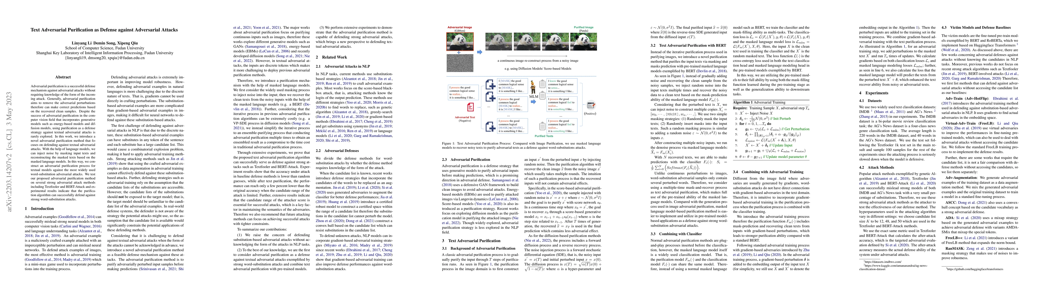 Thumbnail for Text Adversarial Purification as Defense against Adversarial Attacks