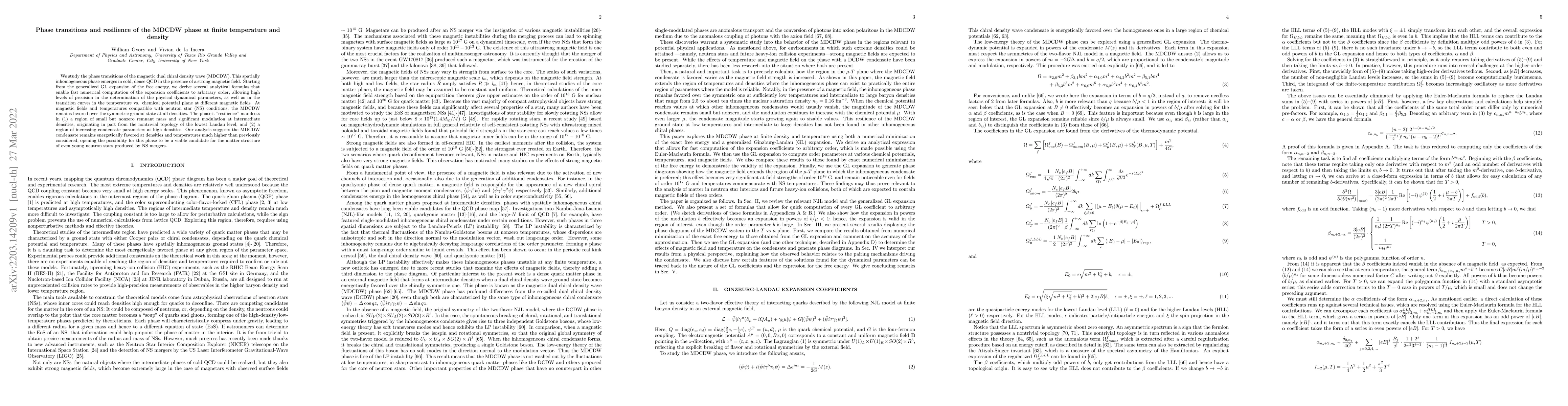 Thumbnail for Phase transitions and resilience of the MDCDW phase at finite
  temperature and density