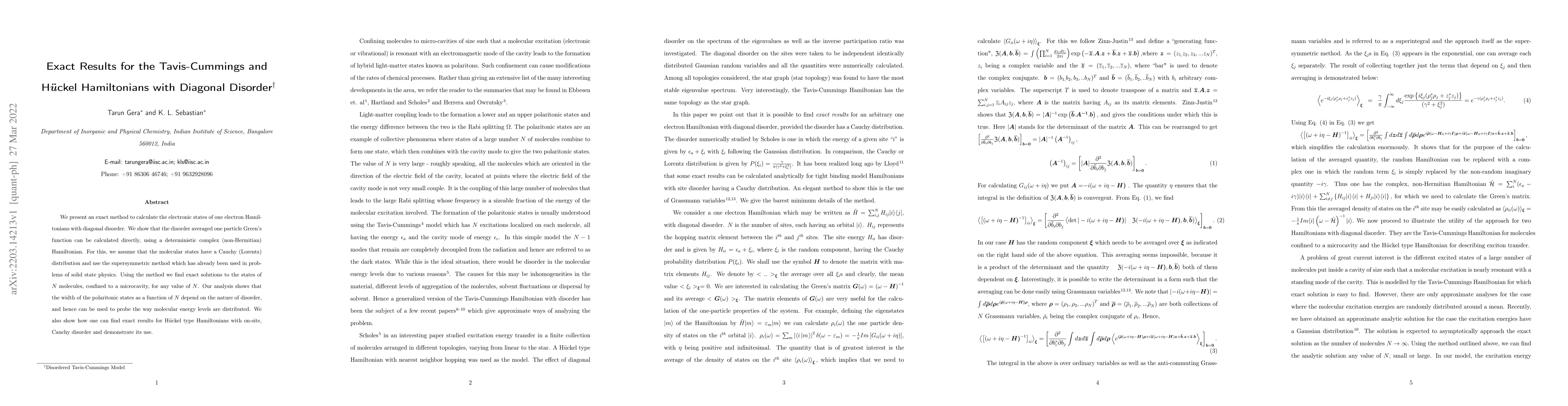 Thumbnail for Exact Results for the Tavis-Cummings and H$\boldsymbol{\ddot{u}}$ckel
  Hamiltonians with Diagonal Disorder