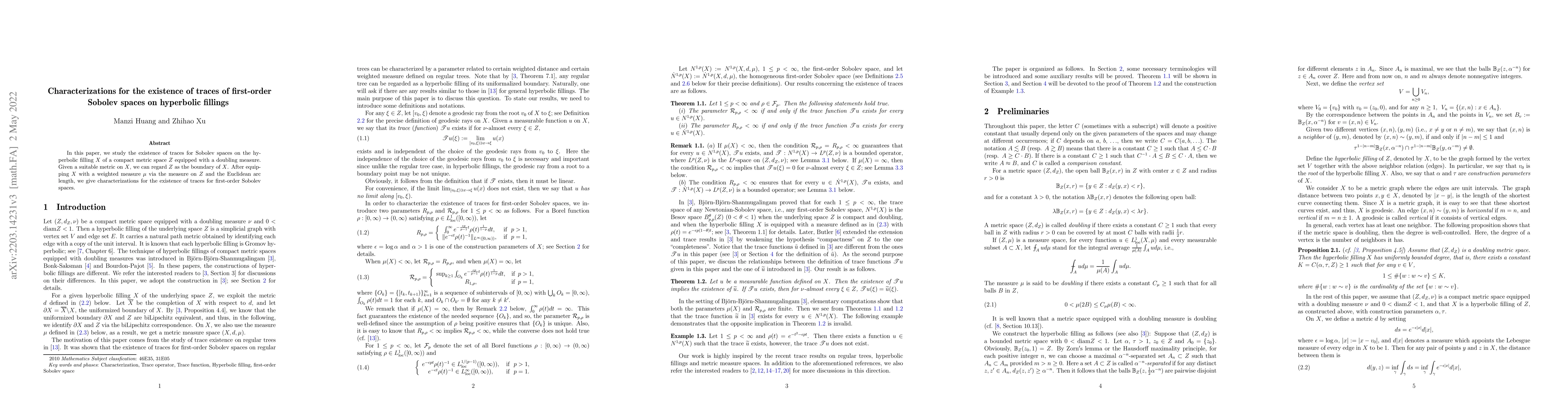 Thumbnail for Characterizations for the existence of traces of first-order Sobolev
  spaces on hyperbolic fillings