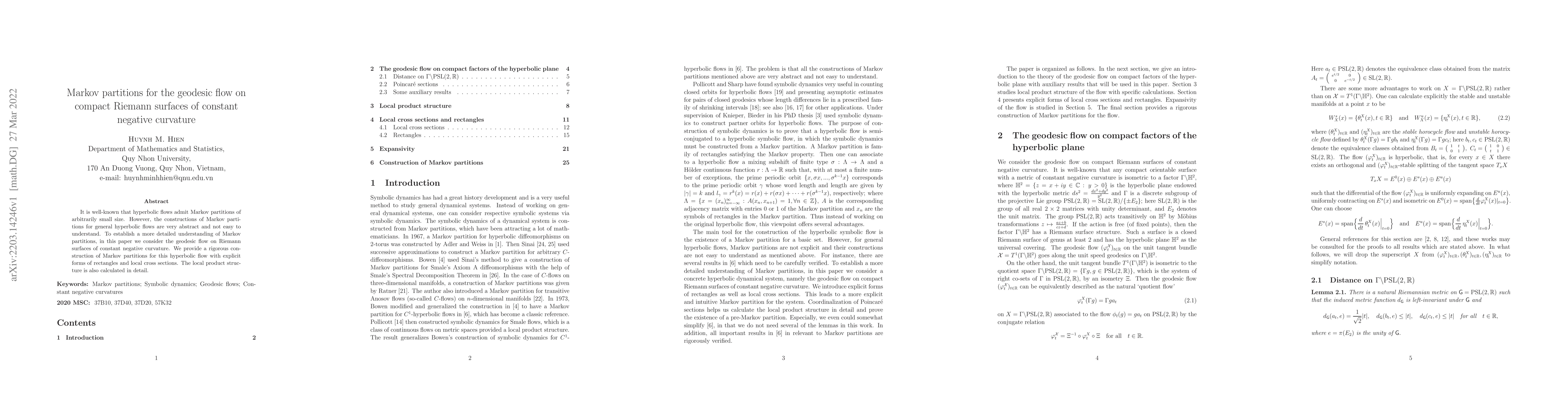 Thumbnail for Markov partitions for the geodesic flow on compact Riemann surfaces of
  constant negative curvature