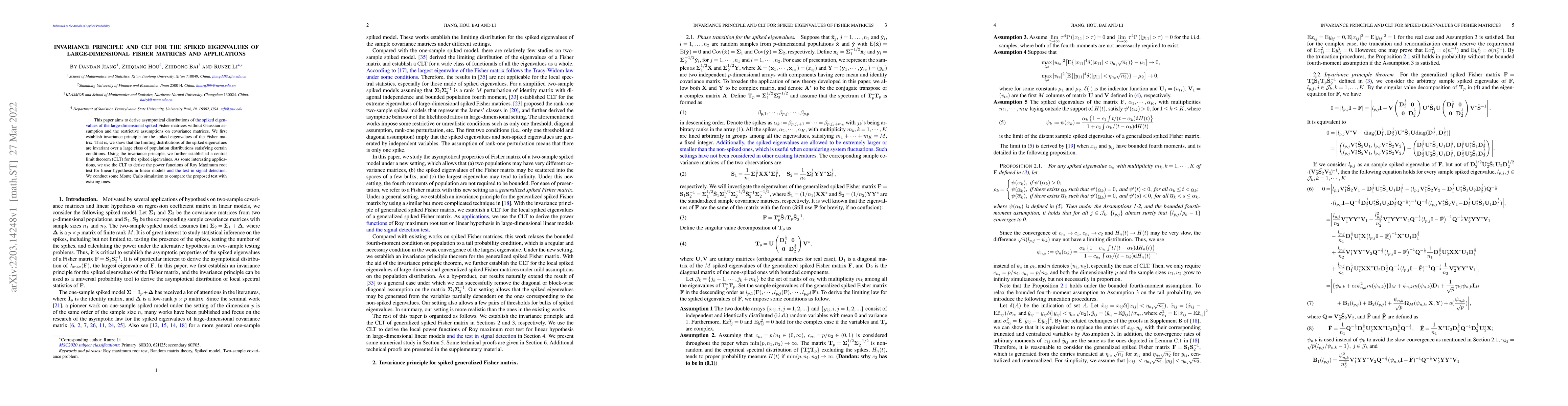 Thumbnail for Invariance principle and CLT for the spiked eigenvalues of
  large-dimensional Fisher matrices and applications