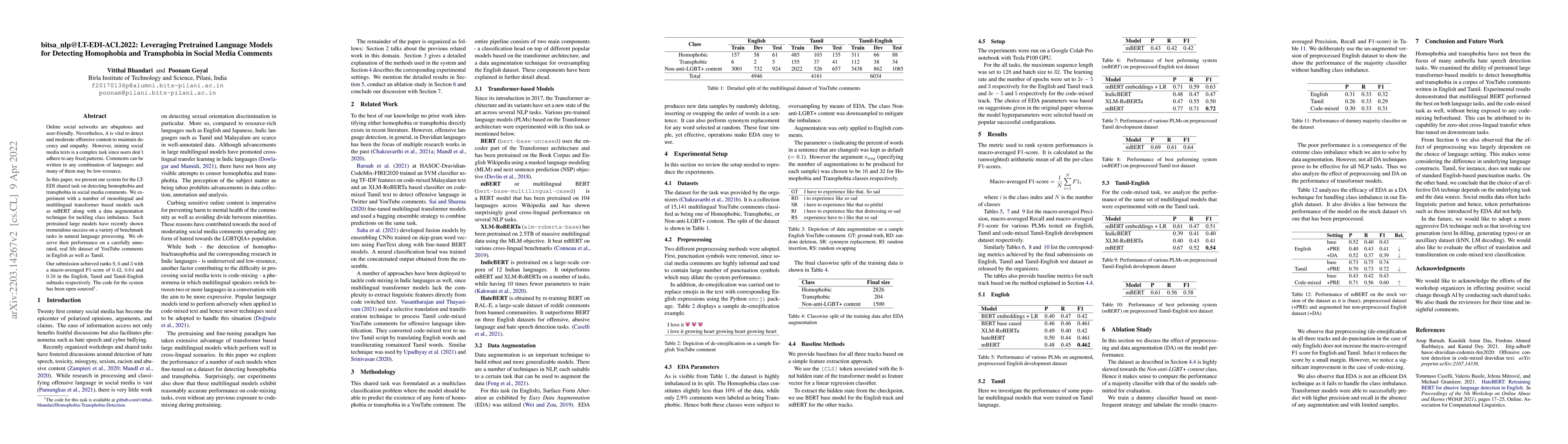 Thumbnail for bitsa_nlp@LT-EDI-ACL2022: Leveraging Pretrained Language Models for
  Detecting Homophobia and Transphobia in Social Media Comments