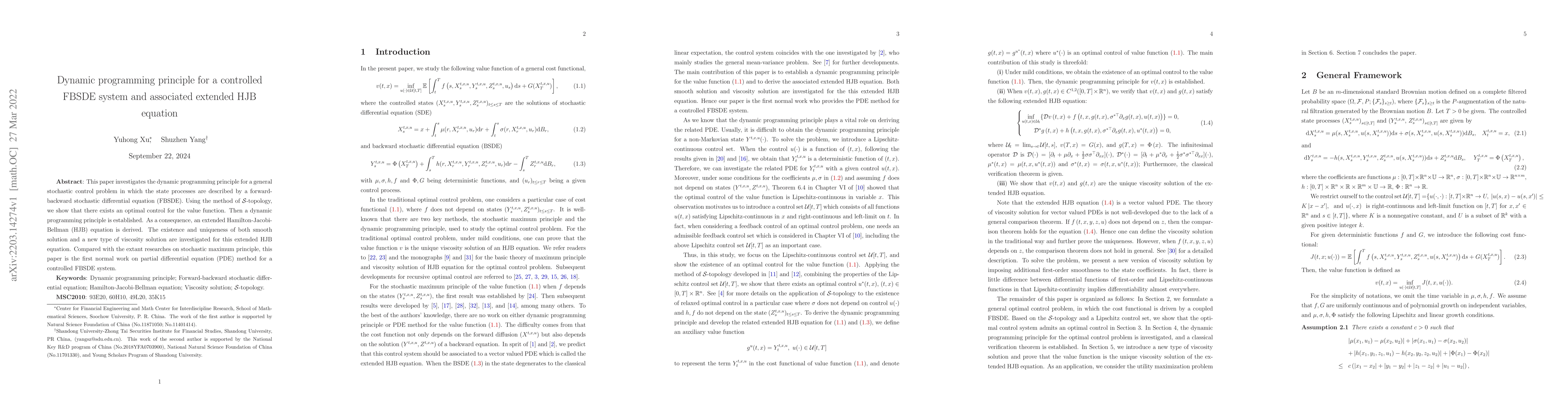 Thumbnail for Dynamic programming principle for a controlled FBSDE system and
  associated extended HJB equation