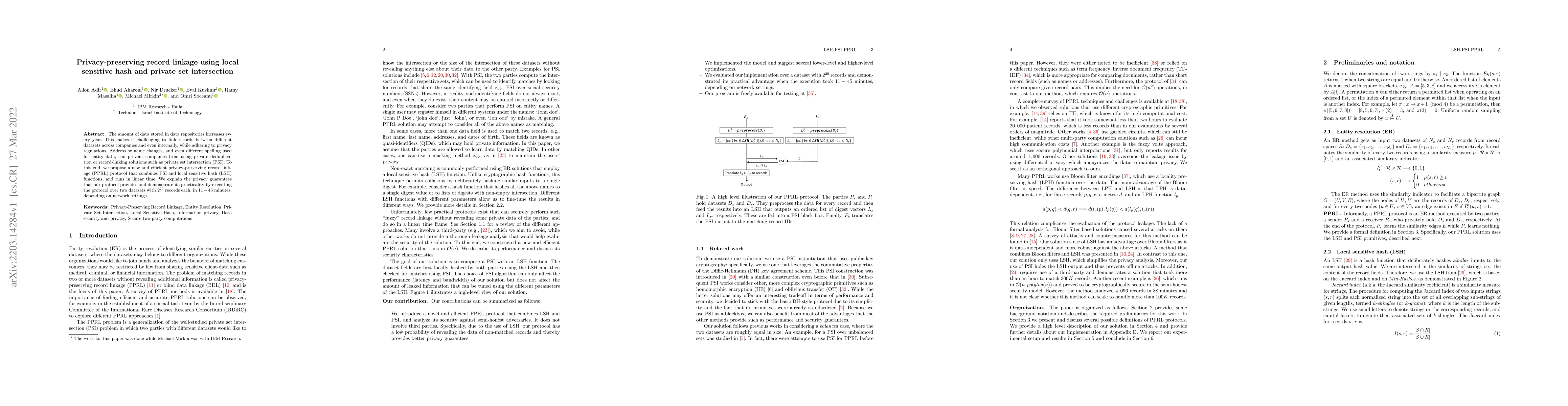 Thumbnail for Privacy-preserving record linkage using local sensitive hash and private
  set intersection