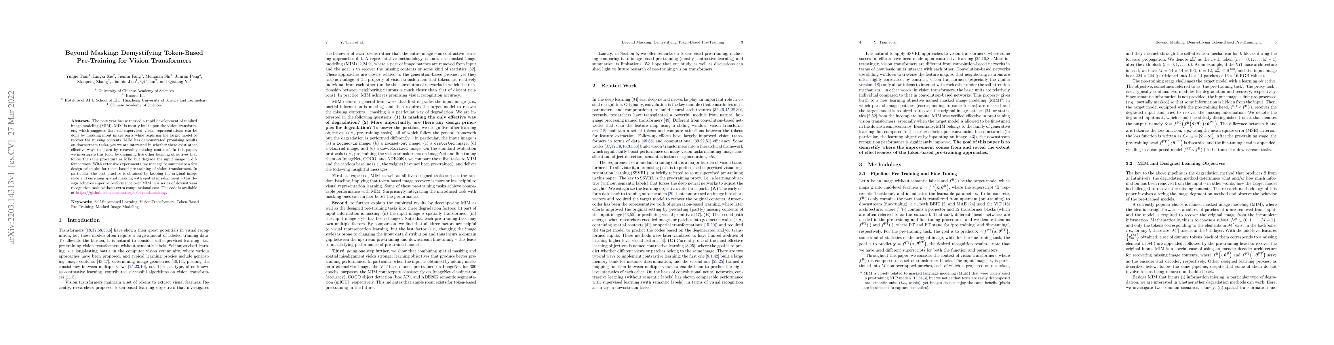 Thumbnail for Beyond Masking: Demystifying Token-Based Pre-Training for Vision
  Transformers