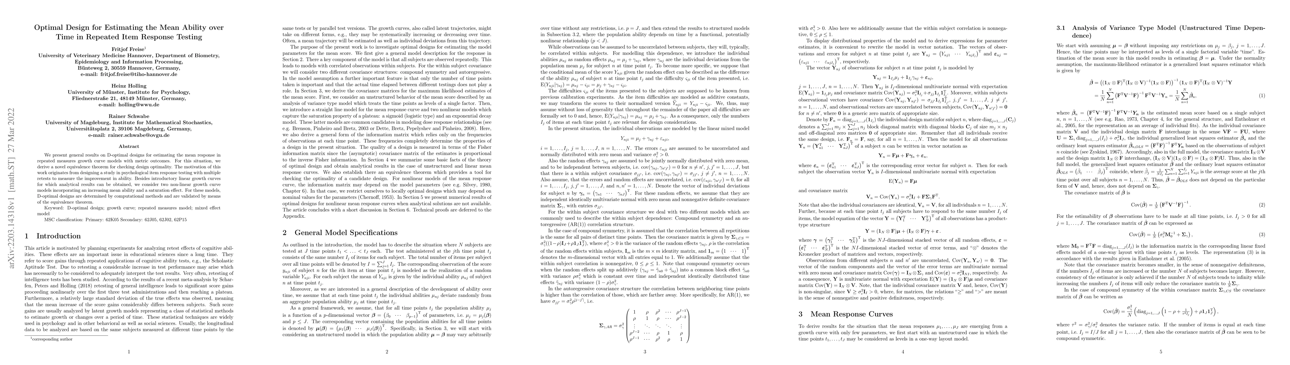 Thumbnail for Optimal Design for Estimating the Mean Ability over Time in Repeated
  Item Response Testing