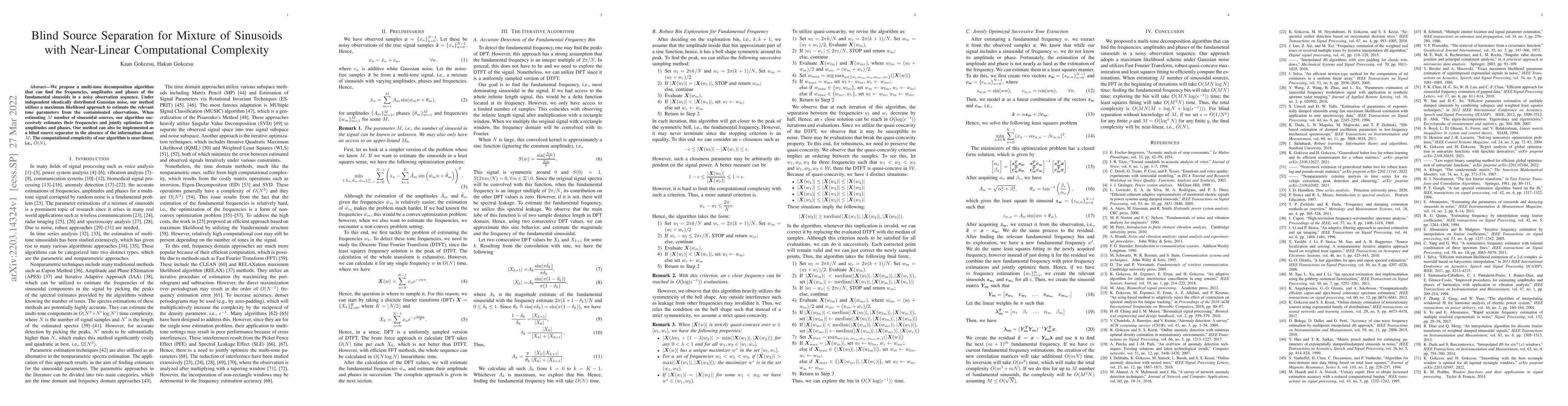 Thumbnail for Blind Source Separation for Mixture of Sinusoids with Near-Linear
  Computational Complexity