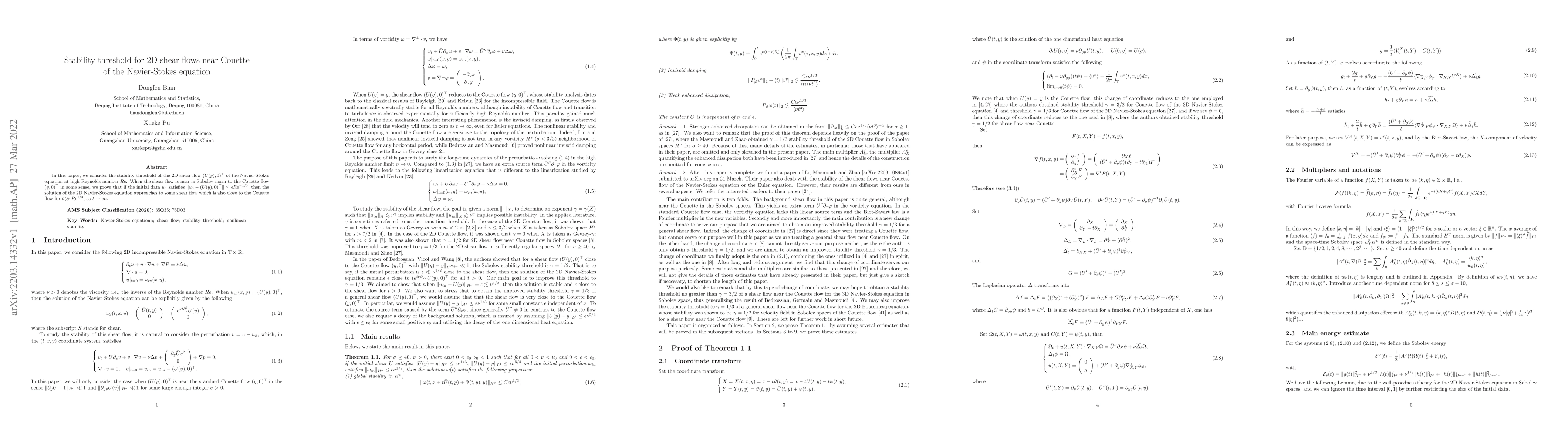 Thumbnail for Stability threshold for 2D shear flows near Couette of the Navier-Stokes
  equation